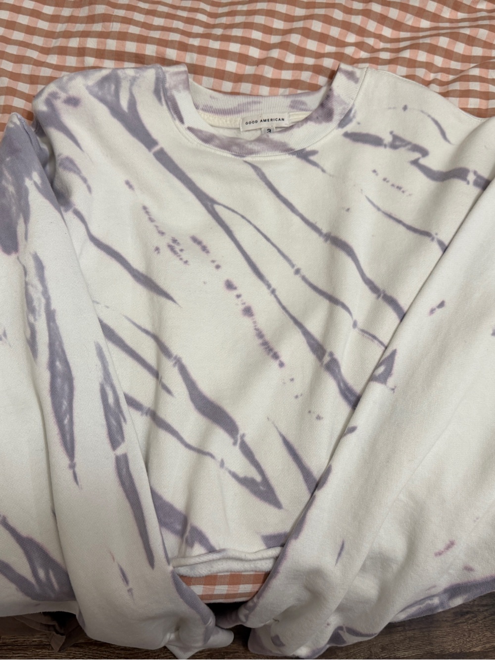 Good American White Crewneck Sweatshirt with Lavender Tie-Dye